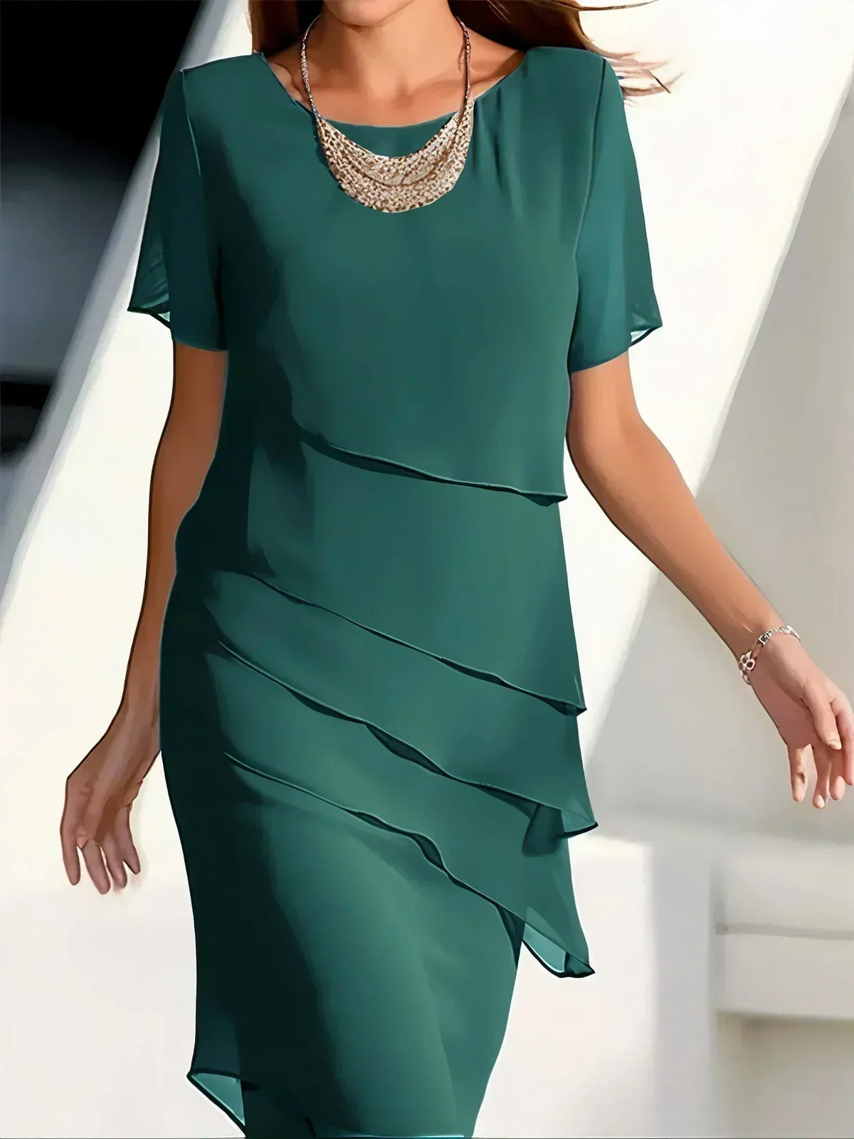 Chiffon Scoop Neck Short Flutter Sleeve Diagonal Tier Cocktail Dress - View 3