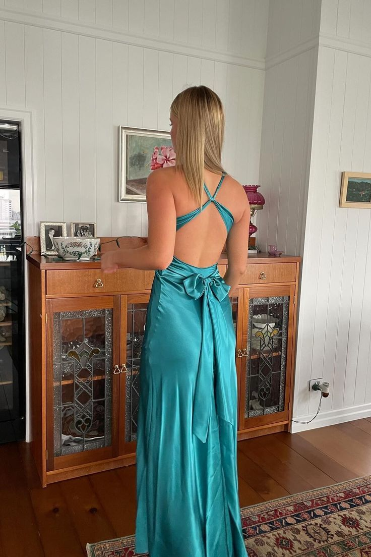 V Neck Green Backless Long Prom Dress Sexy Party Evening Dress cc1797