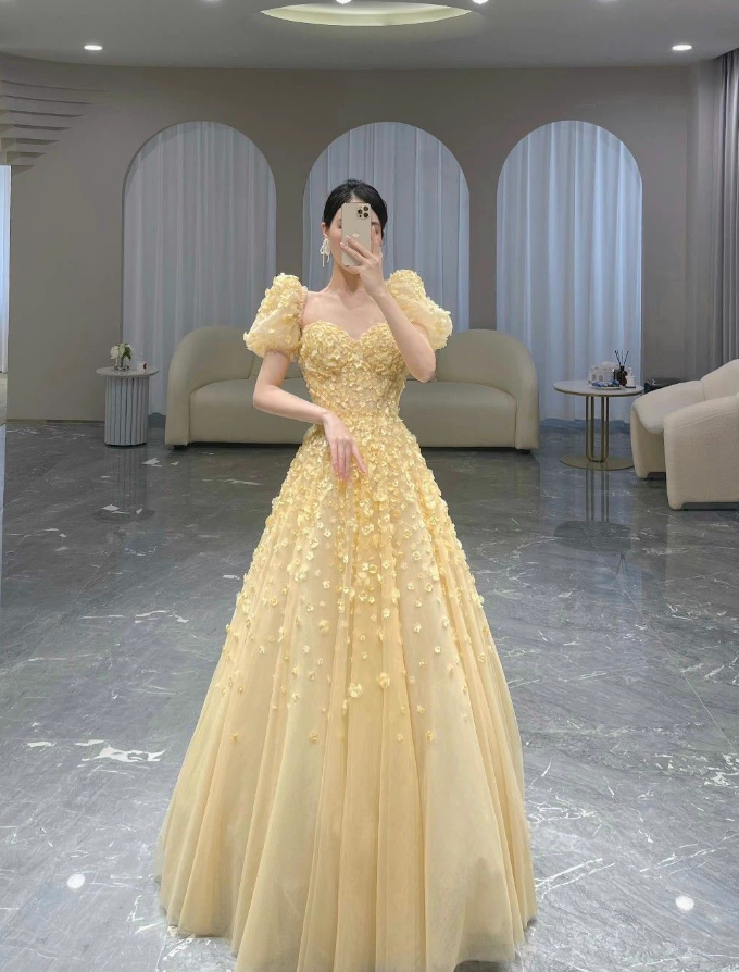 Charming Yellow A-line Puffy Sleeves Floral Prom Dress,Fairy Dress cc1201