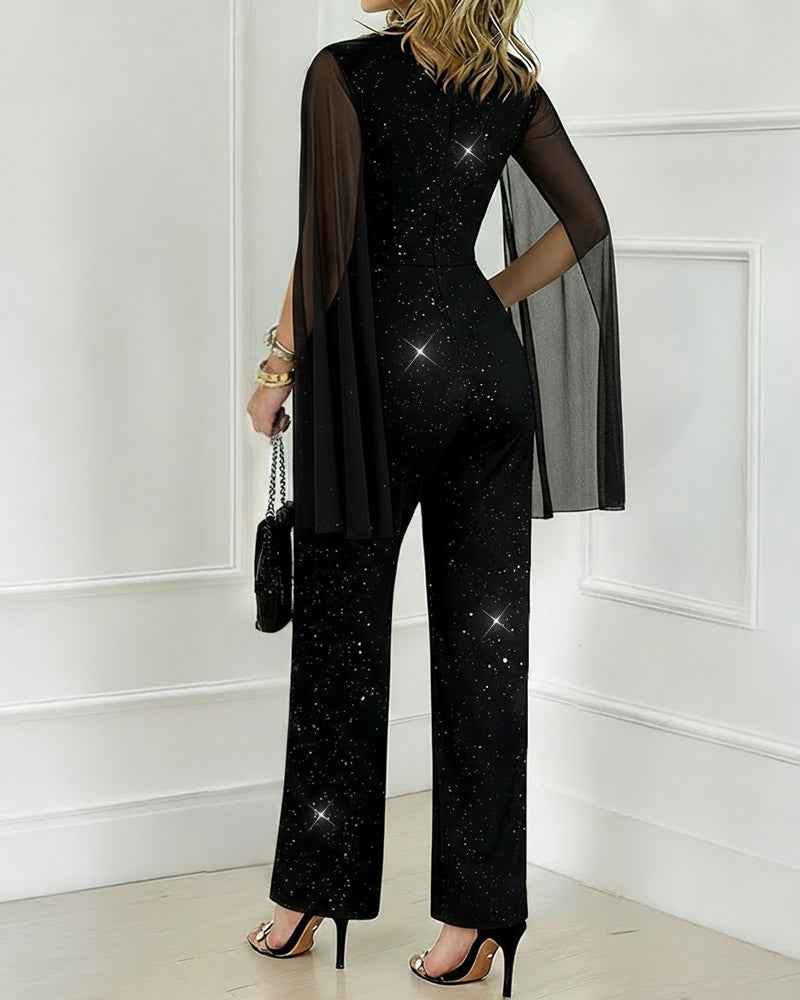 Glitter Chiffon Cape Sleeve Wide Leg Jumpsuit
