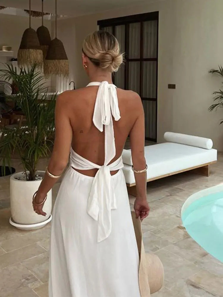 Halter Neck Deep V-Neck Ruched Waist High Split Maxi Gown