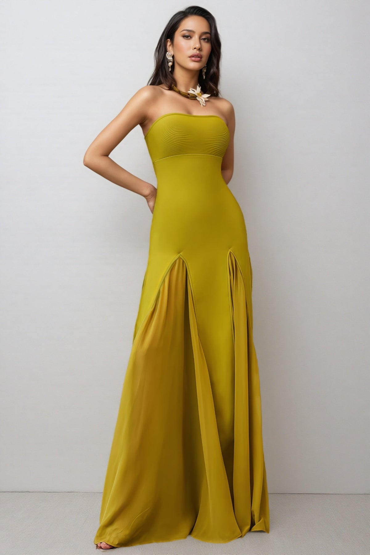 Strapless Bandage Chiffon Godet Panel Mermaid Maxi Dress