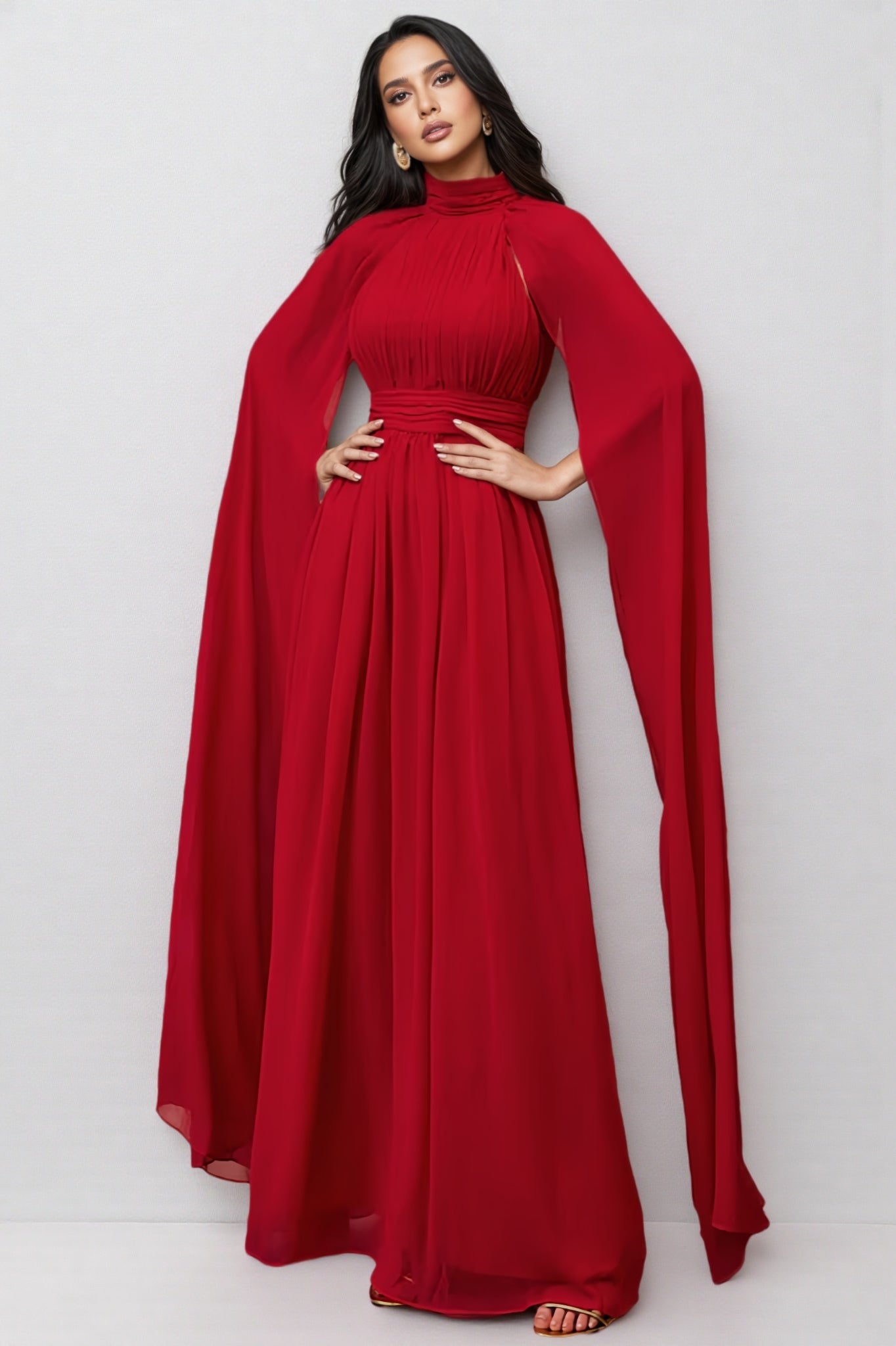 Berit Red Cape Sleeve Mesh Maxi Dress - View 2
