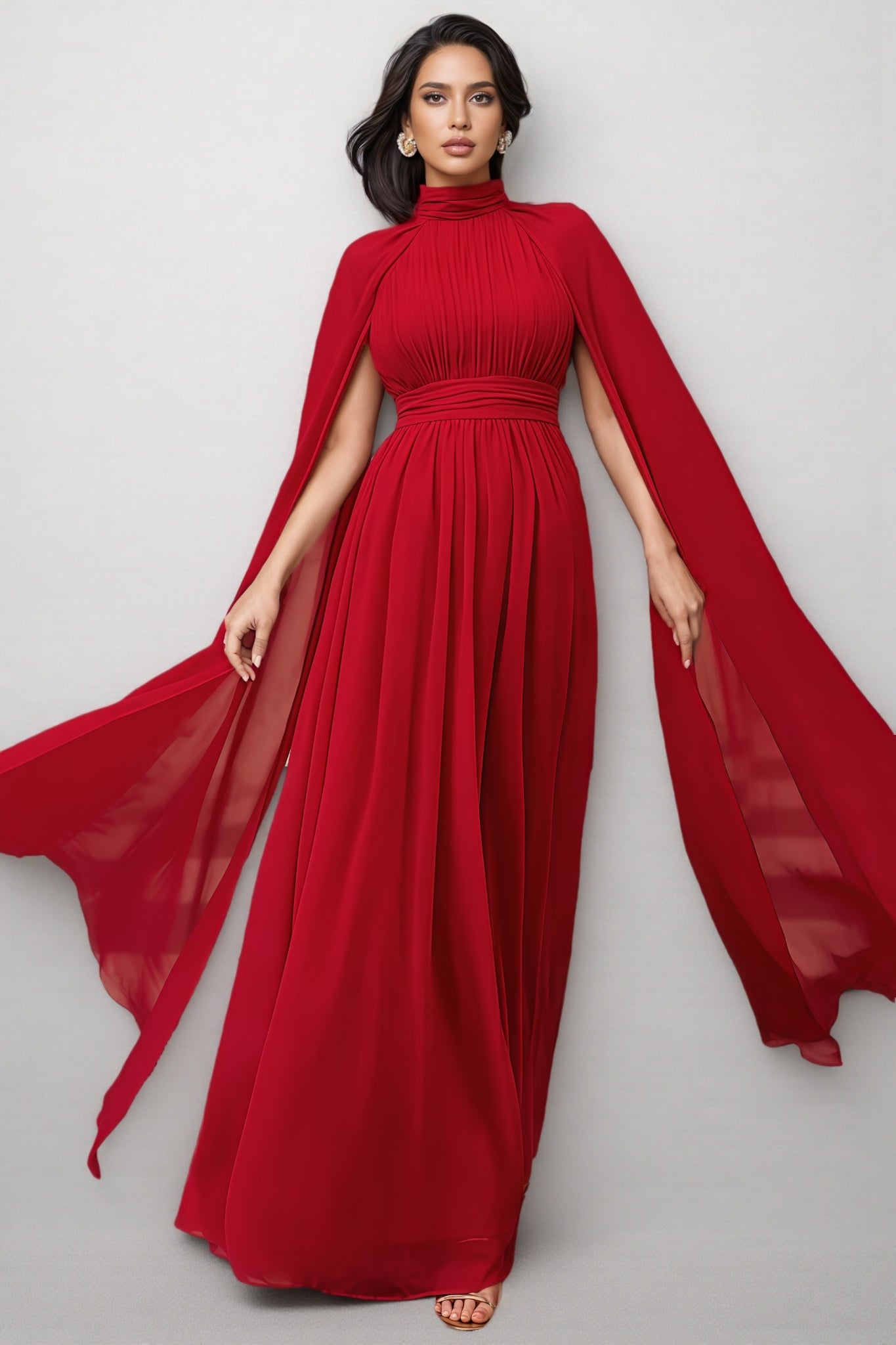 Berit Red Cape Sleeve Mesh Maxi Dress - View 3