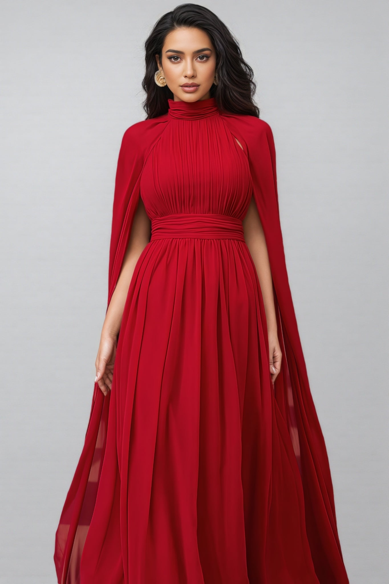 Berit Red Cape Sleeve Mesh Maxi Dress - View 5