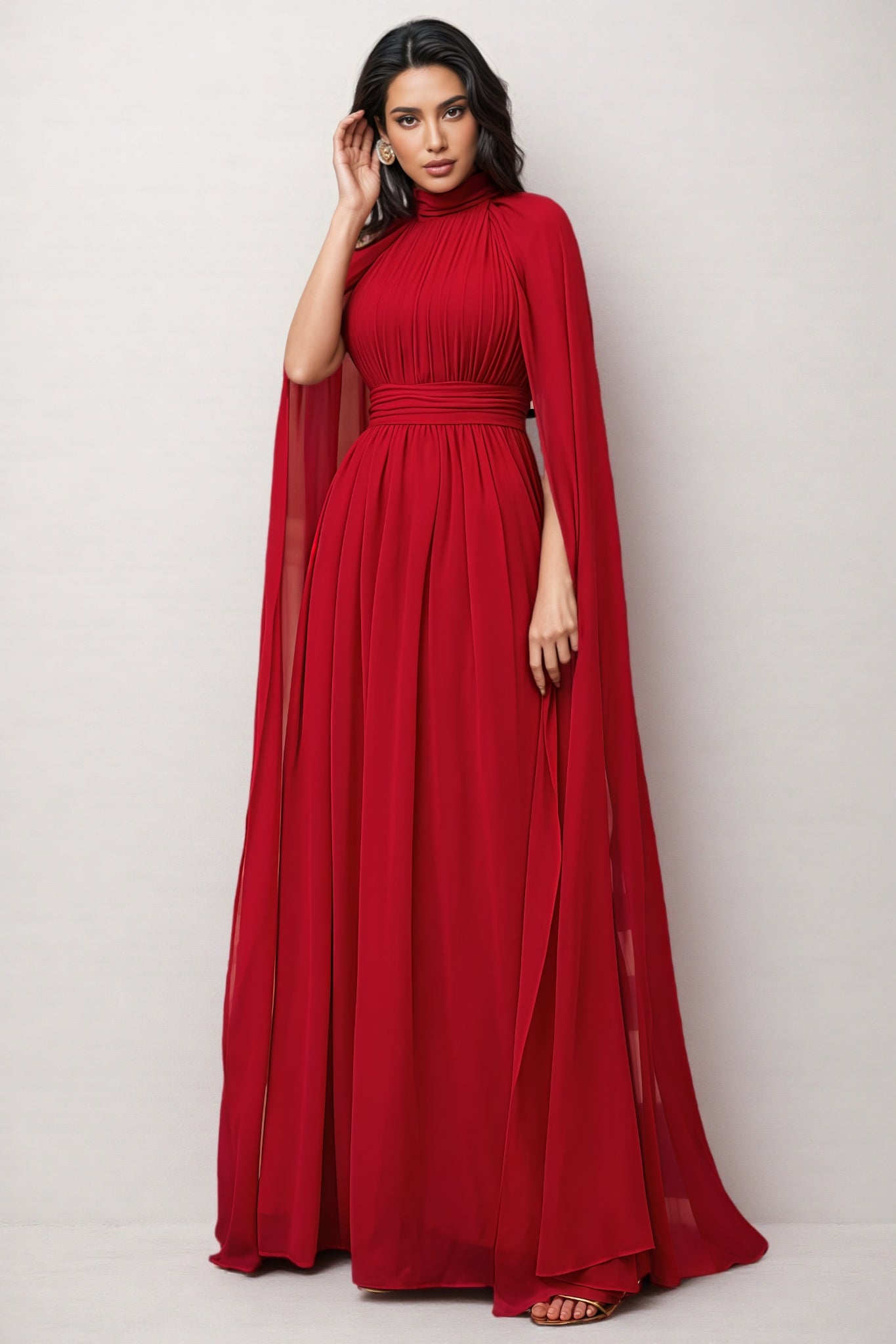 Berit Red Cape Sleeve Mesh Maxi Dress - View 4