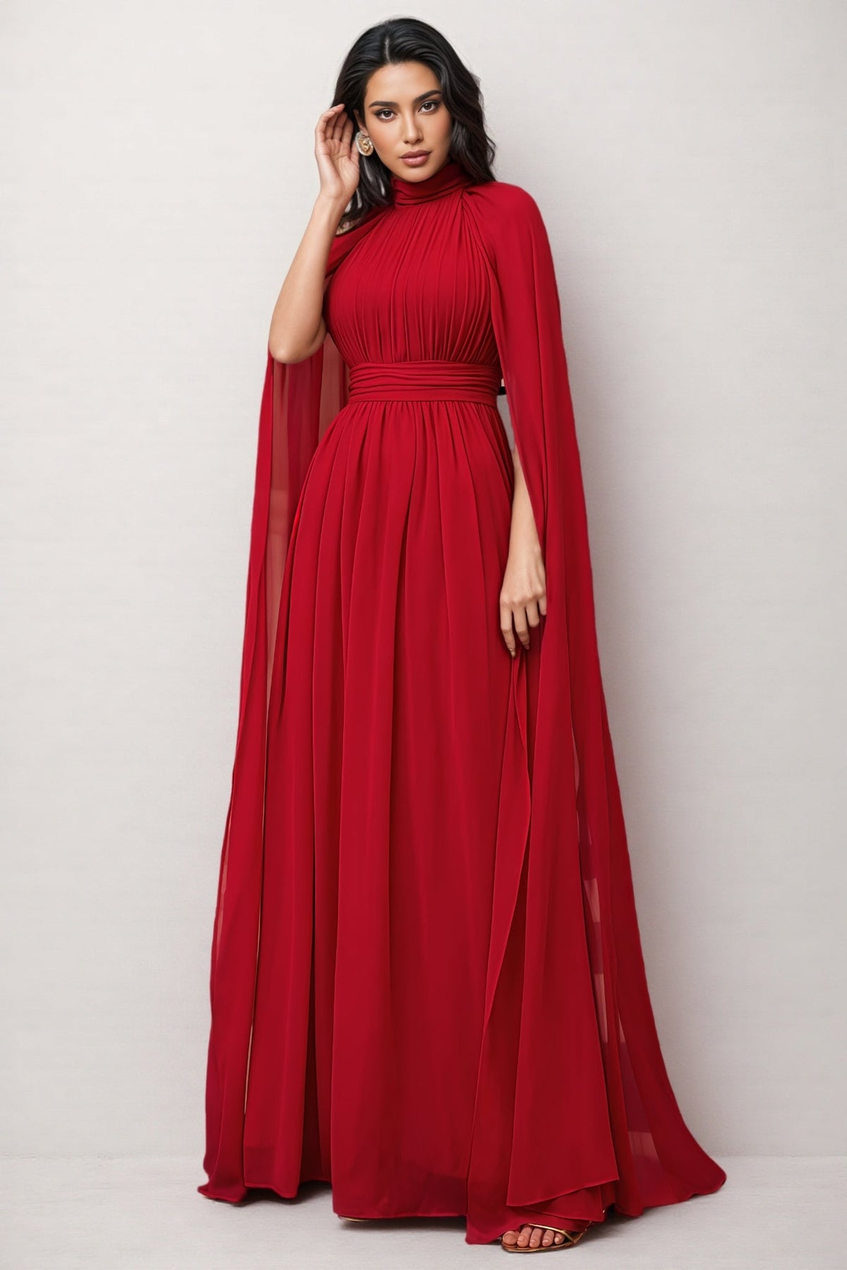 Chiffon Mock Neck Cape Sleeve Ruched Waist Pleated Maxi Dress 4