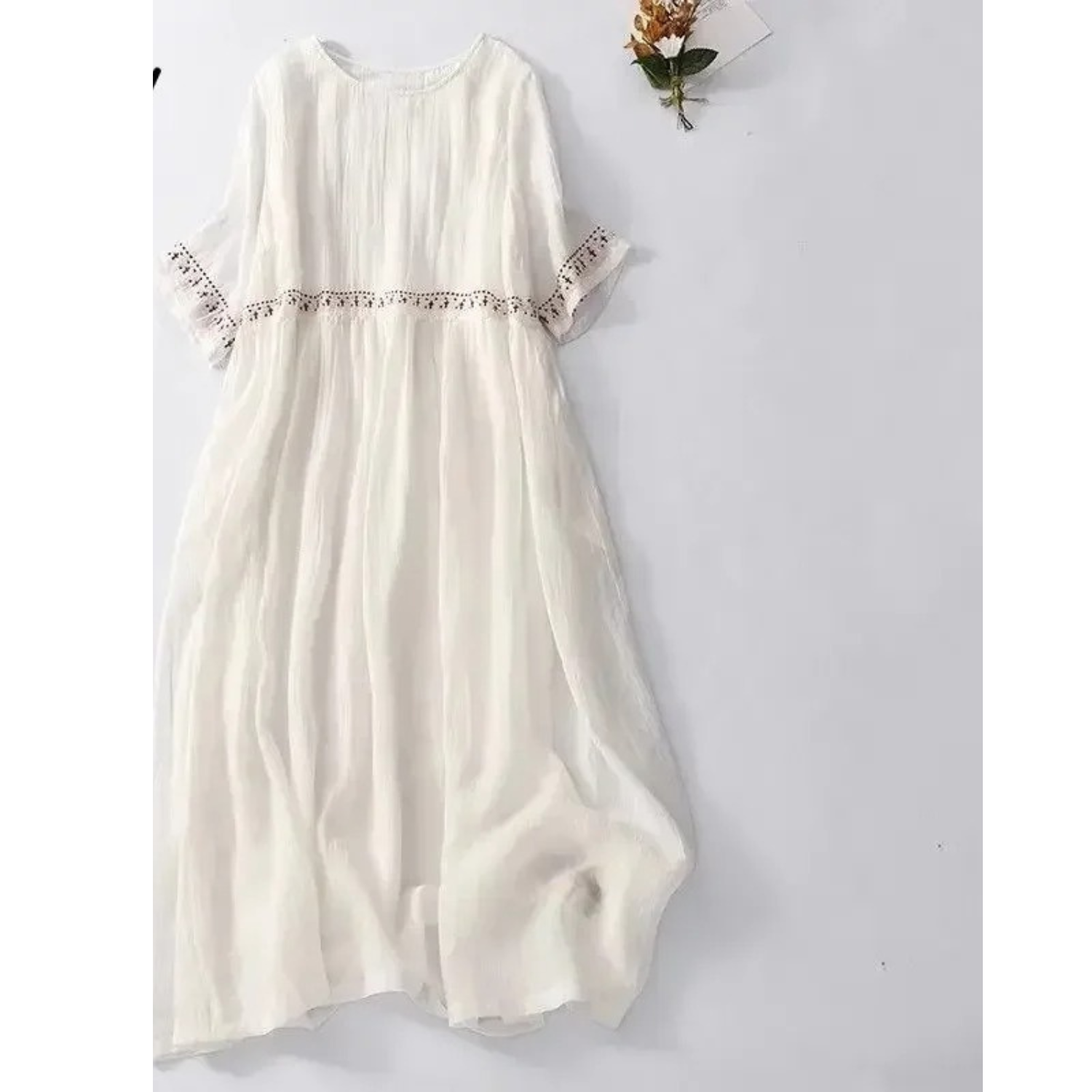 Embroidered Empire Waist Linen Look Summer Midi Dress