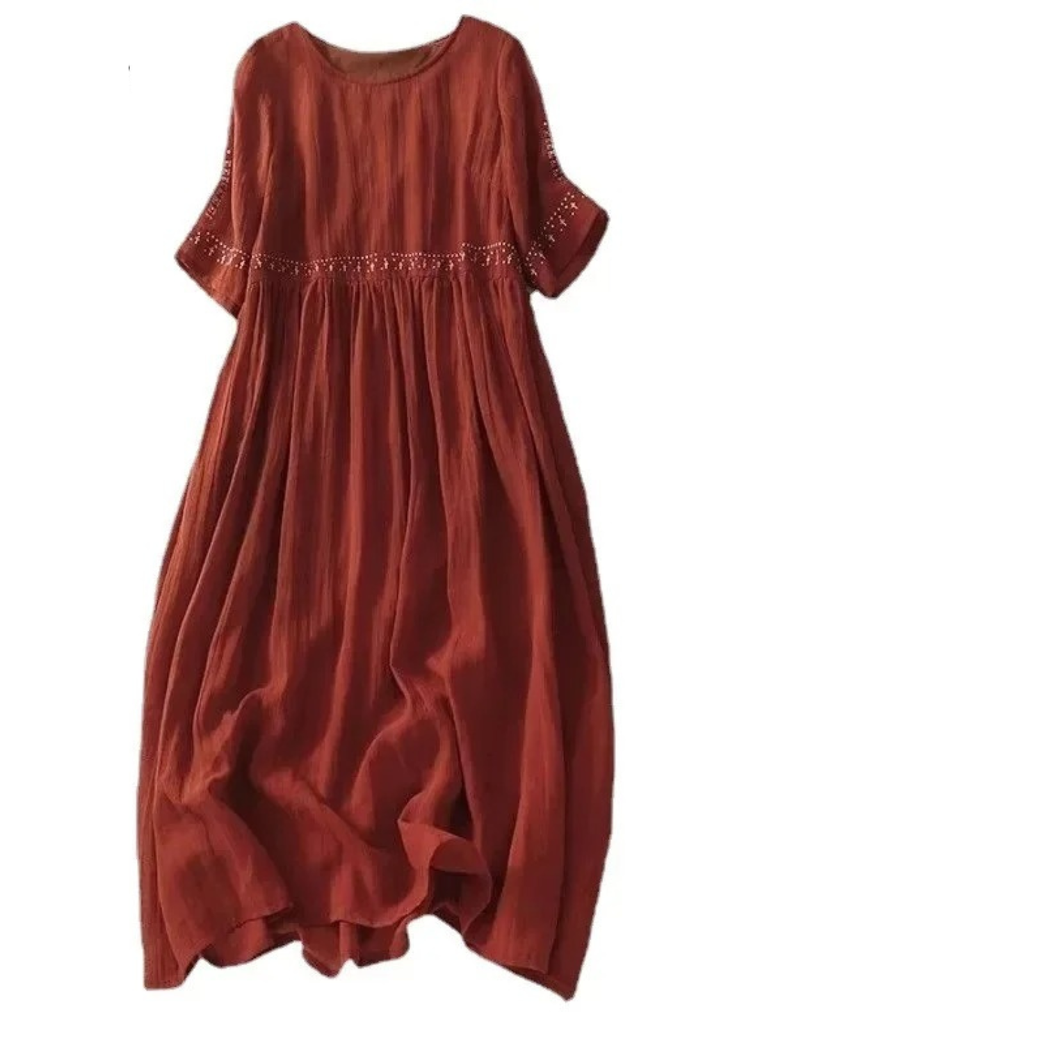 Embroidered Empire Waist Linen Look Summer Midi Dress