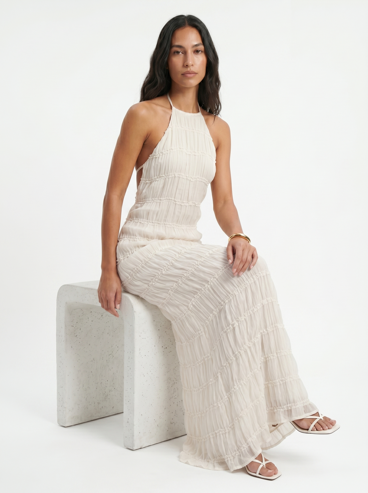 Textured Crinkle Halter Neck Sleeveless Maxi Dress