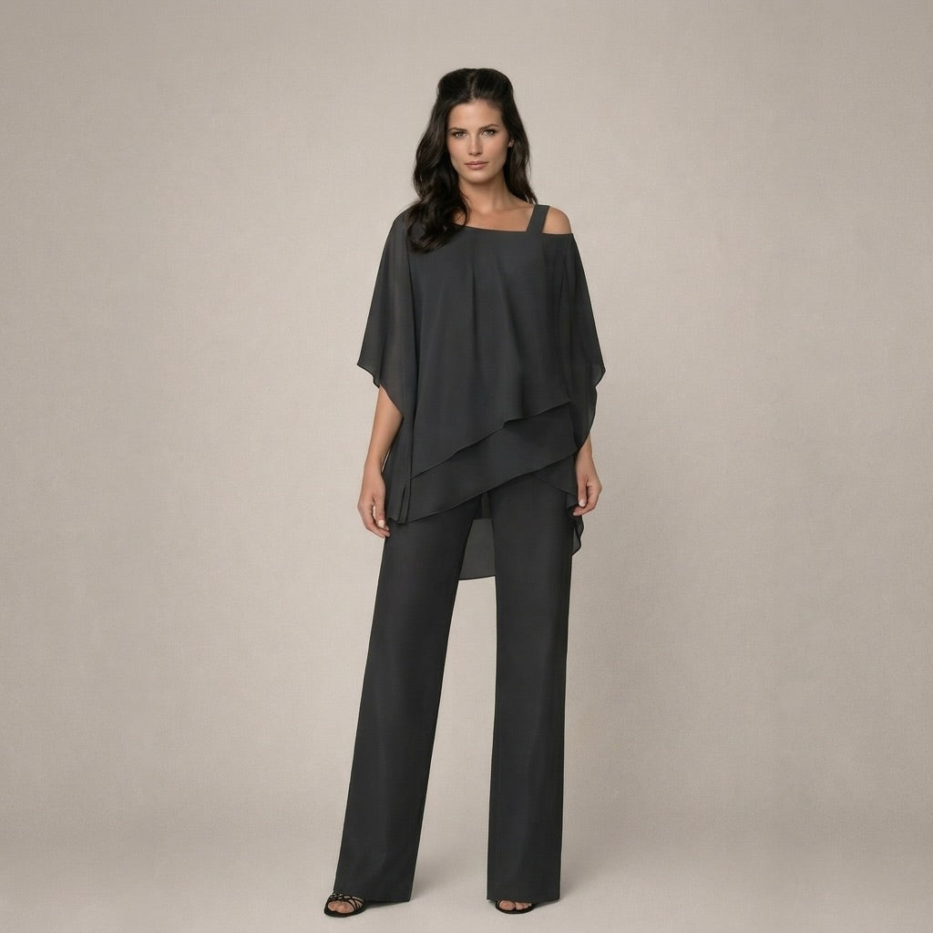 Cold Shoulder Cape Overlay Top and Wide Leg Pants Two Piece Set