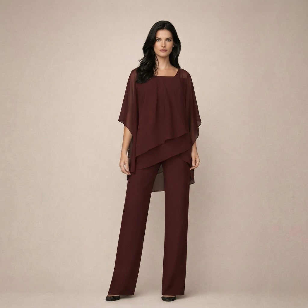 Cold Shoulder Cape Overlay Top and Wide Leg Pants Two Piece Set
