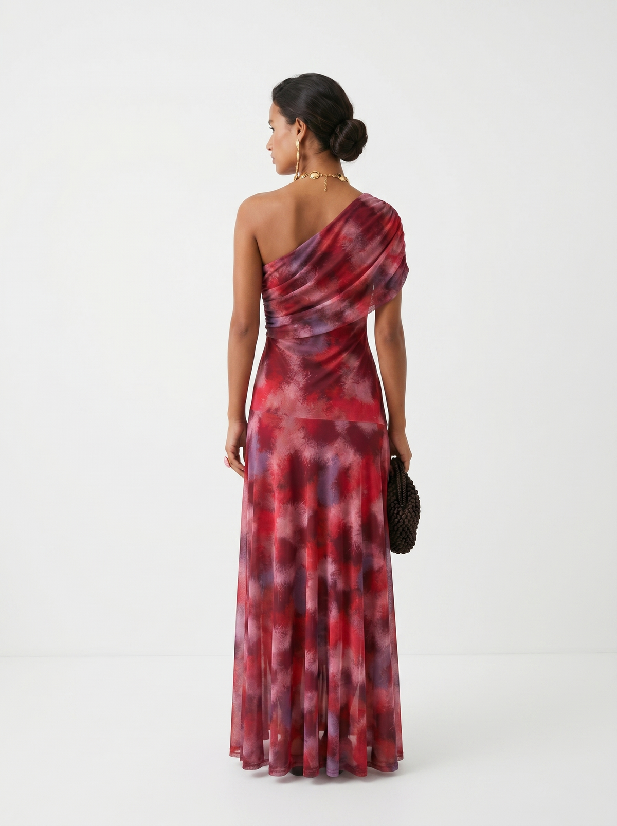 Abstract Print Chiffon One Shoulder Ruched Maxi Gown