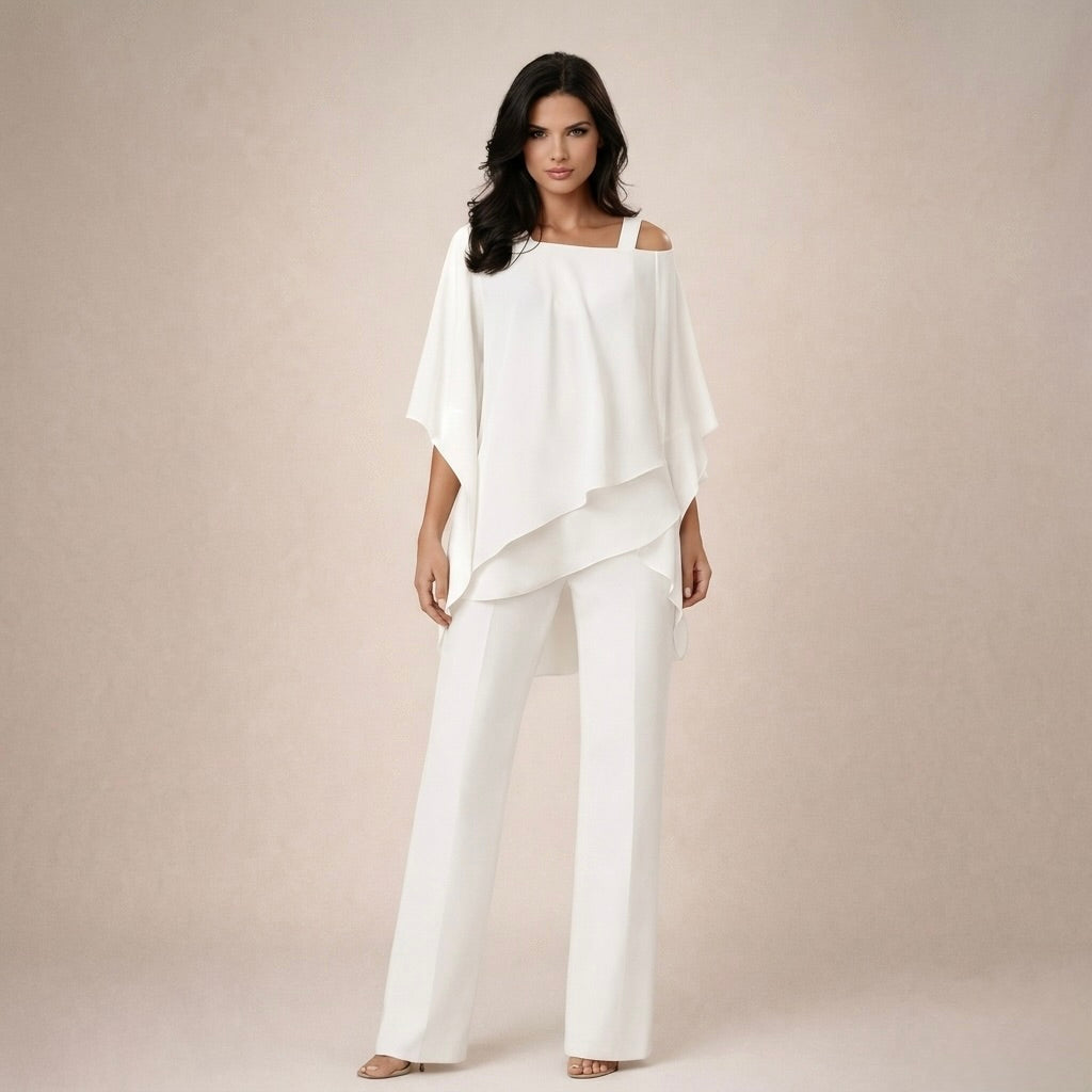 Cold Shoulder Cape Overlay Top and Wide Leg Pants Two Piece Set
