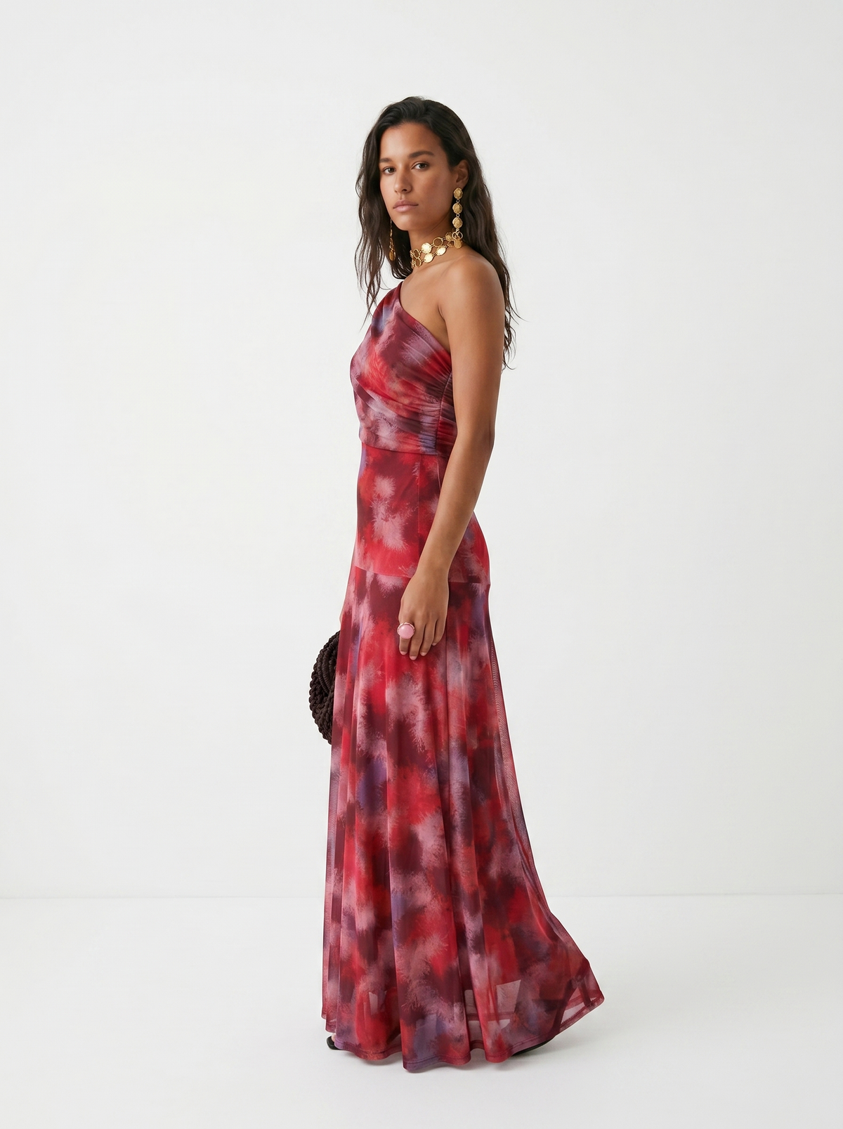 Abstract Print Chiffon One Shoulder Ruched Maxi Gown