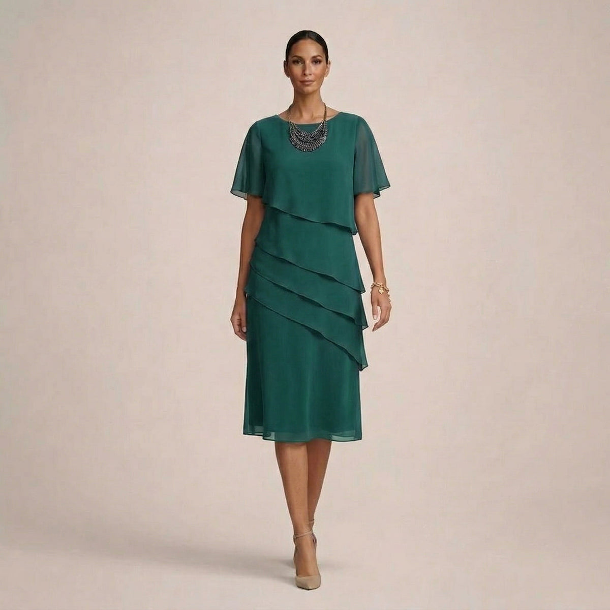 Round Neck Flutter Sleeve Tiered Ruffle Chiffon Midi Dress