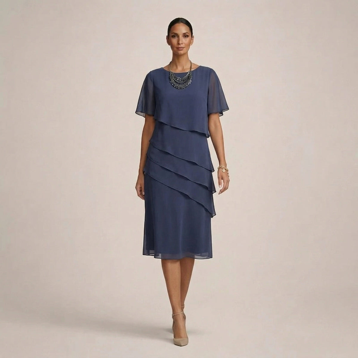 Round Neck Flutter Sleeve Tiered Ruffle Chiffon Midi Dress