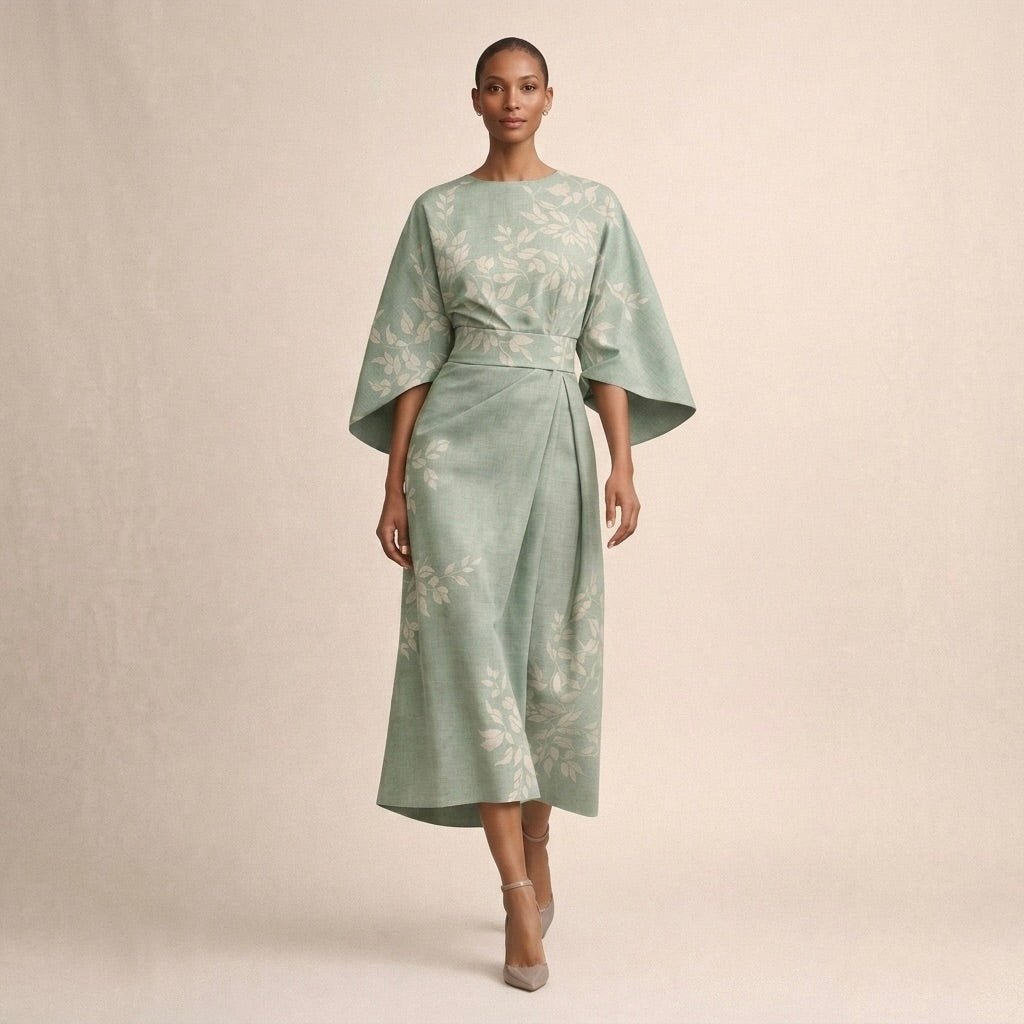 Floral Print Boat Neck Wide Sleeve A-Line Midi Dress