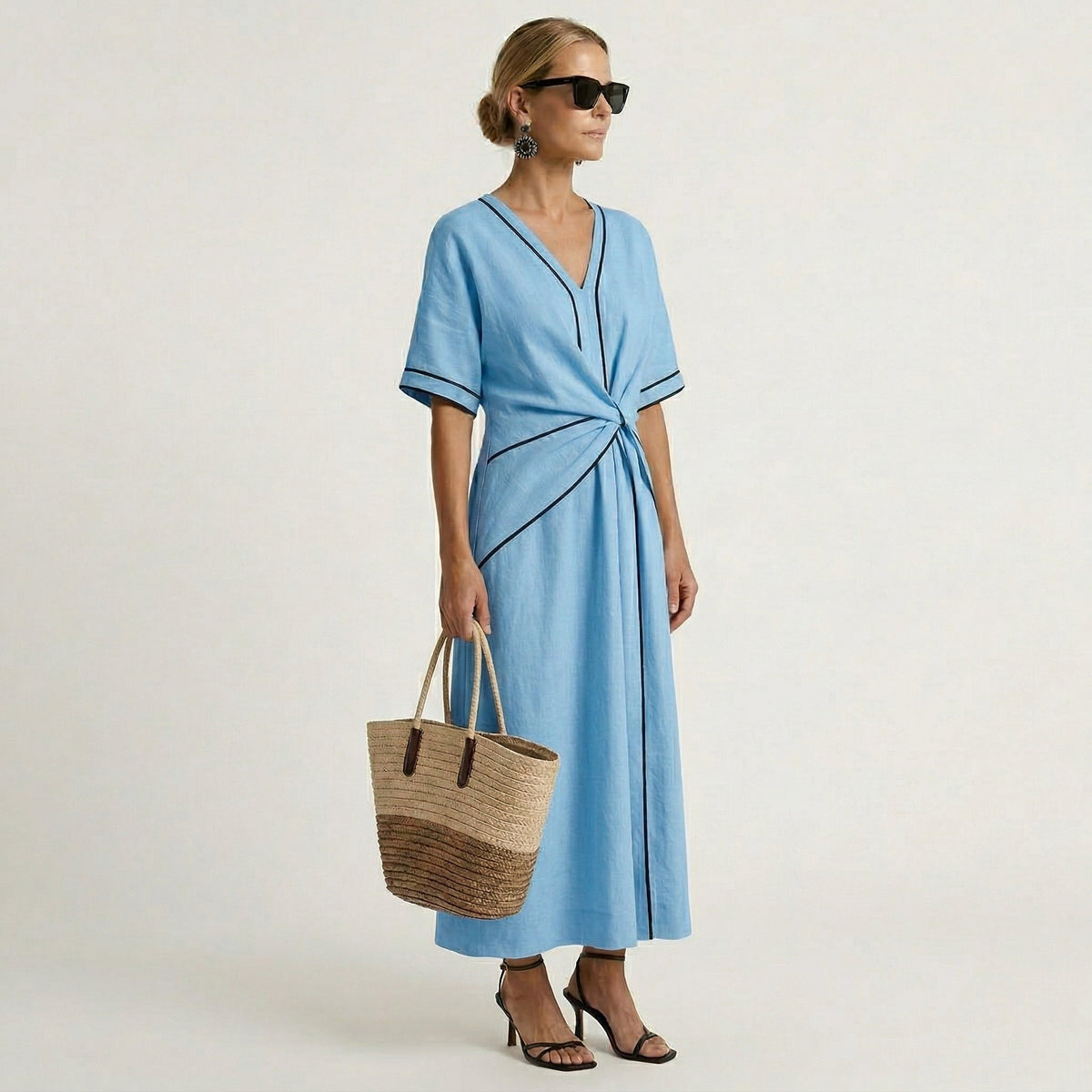 Contrast Trim V-Neck Twist Front Midi Dress