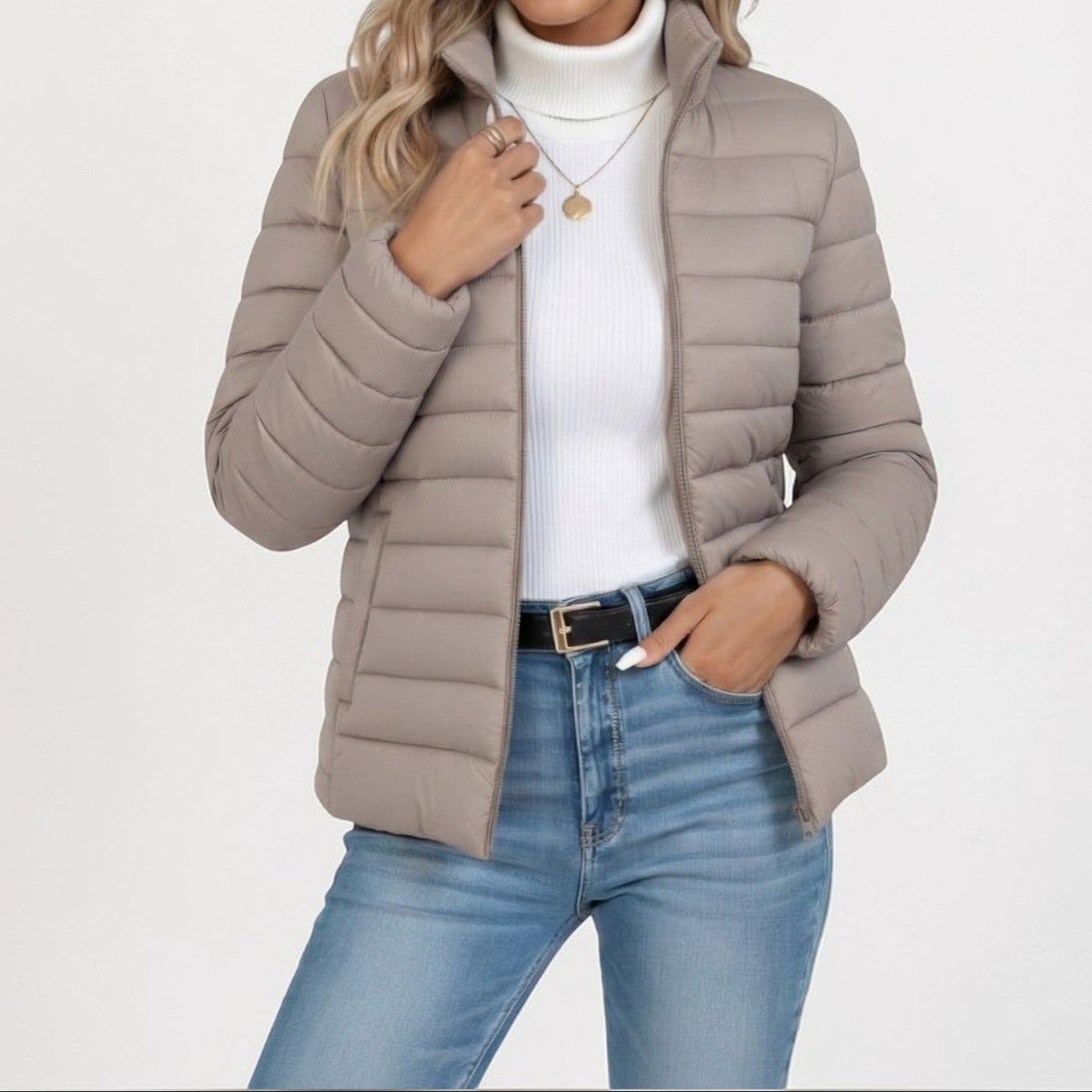 Stand Collar Zip Front Lightweight Quilted Puffer Jacket