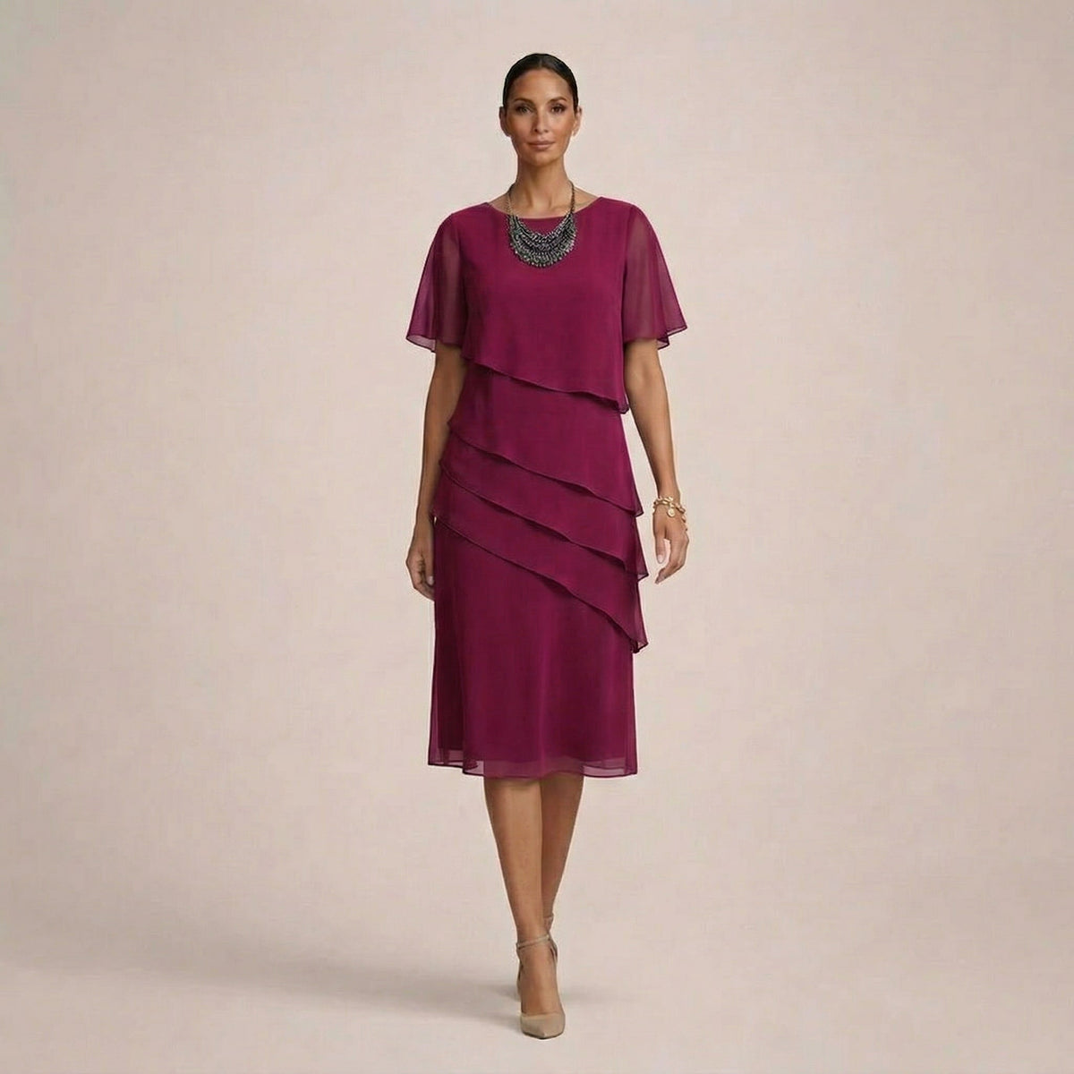 Round Neck Flutter Sleeve Tiered Ruffle Chiffon Midi Dress