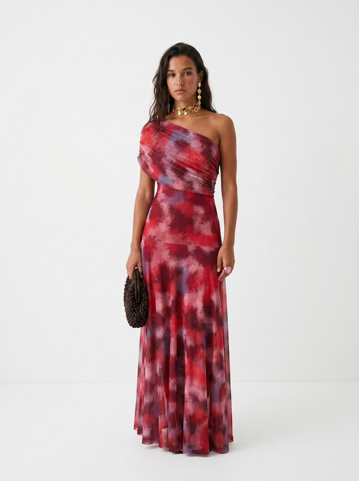 Abstract Print Chiffon One Shoulder Ruched Maxi Gown