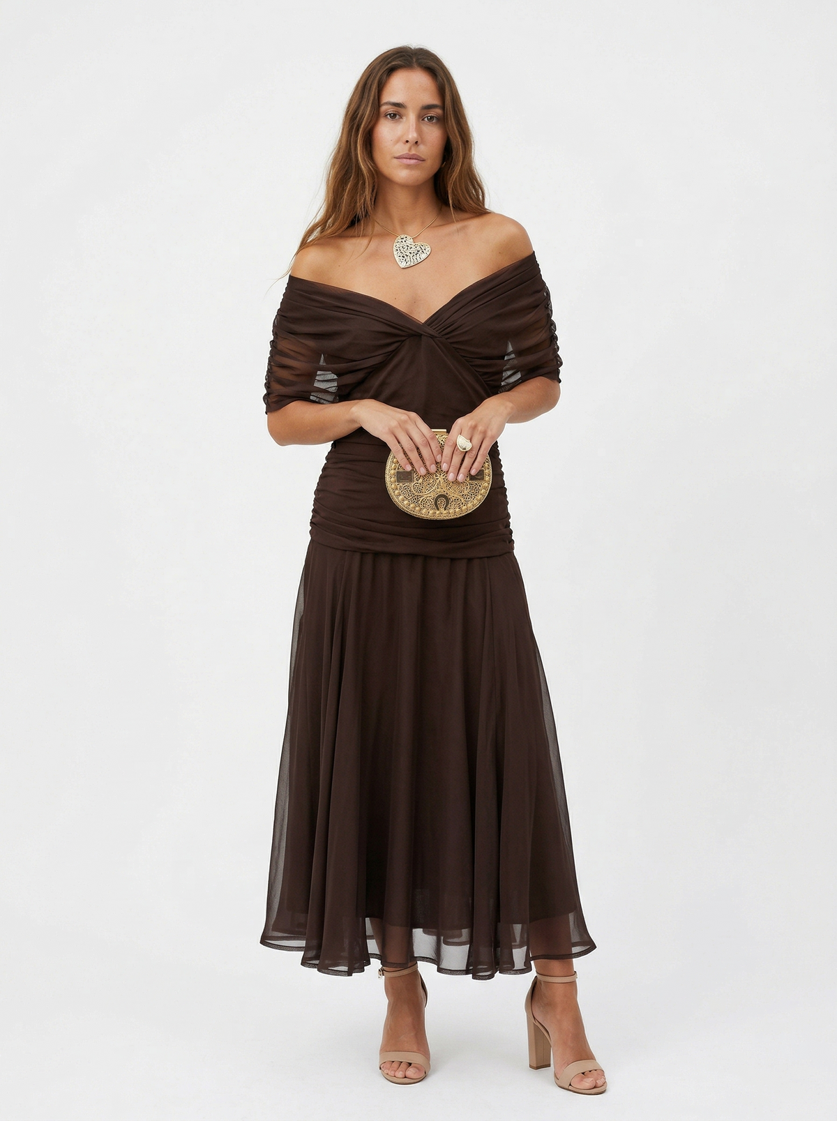 Floral Chiffon Off Shoulder Ruched Wedding Guest Dress