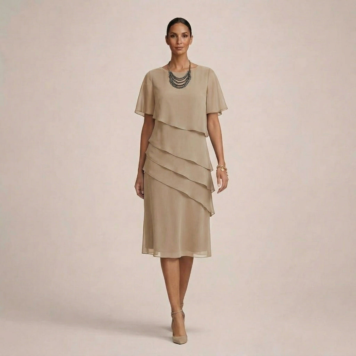 Round Neck Flutter Sleeve Tiered Ruffle Chiffon Midi Dress