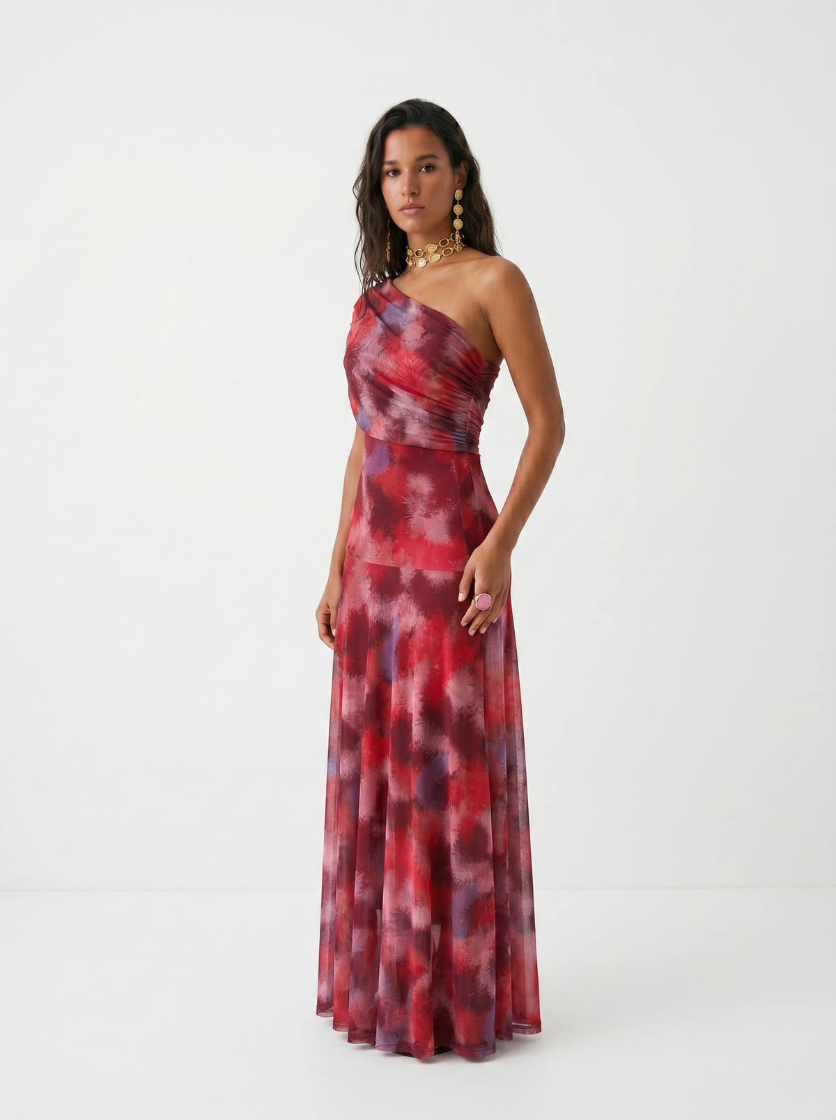 Abstract Print Chiffon One Shoulder Ruched Maxi Gown