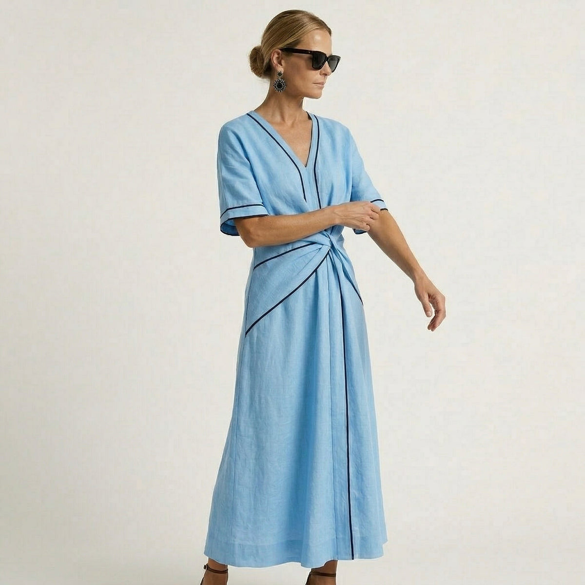 Contrast Trim V-Neck Twist Front Midi Dress