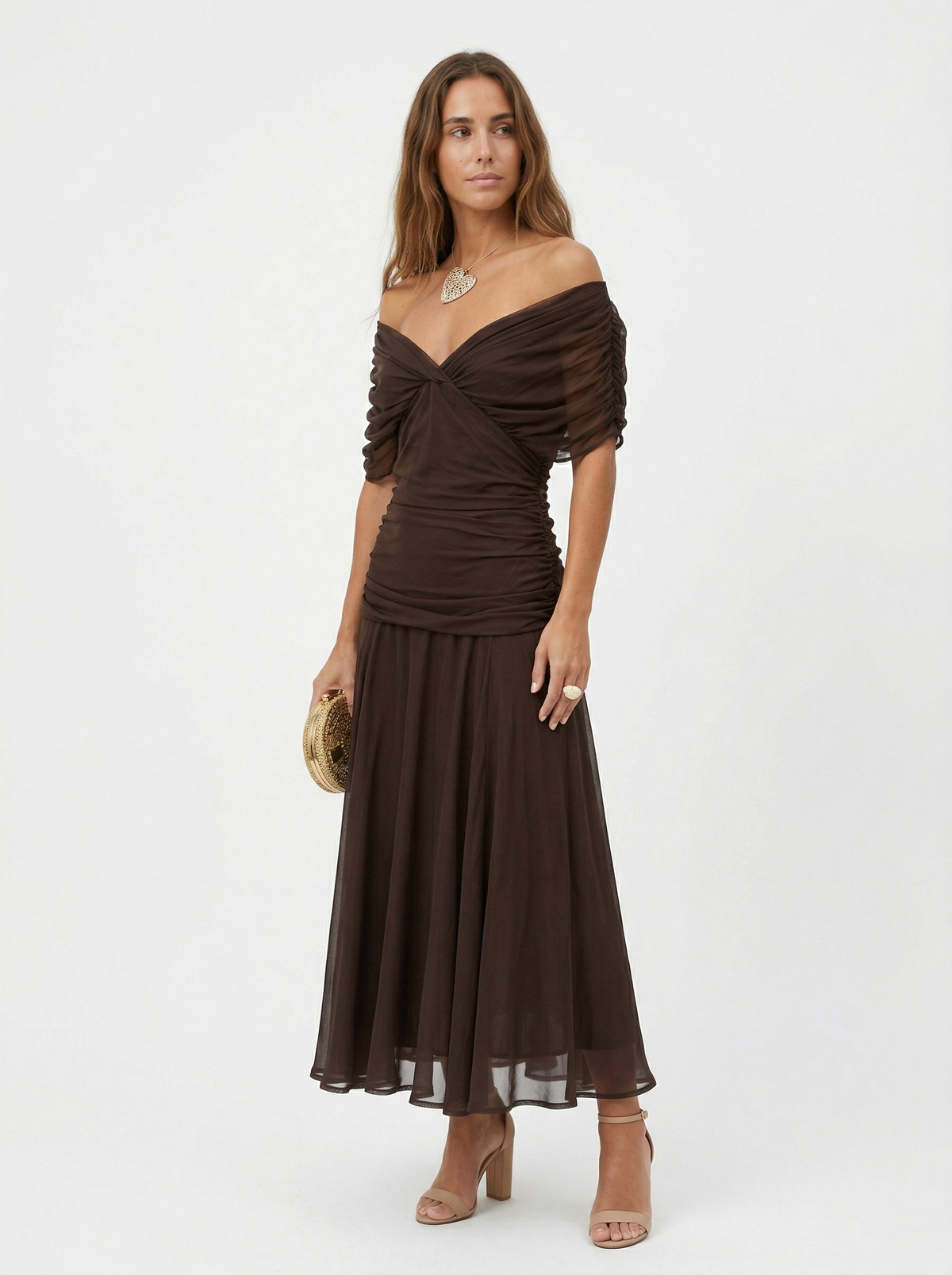 Floral Chiffon Off Shoulder Ruched Wedding Guest Dress