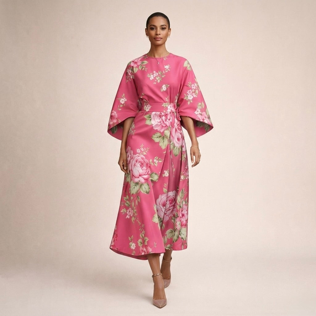 Floral Print Boat Neck Wide Sleeve A-Line Midi Dress