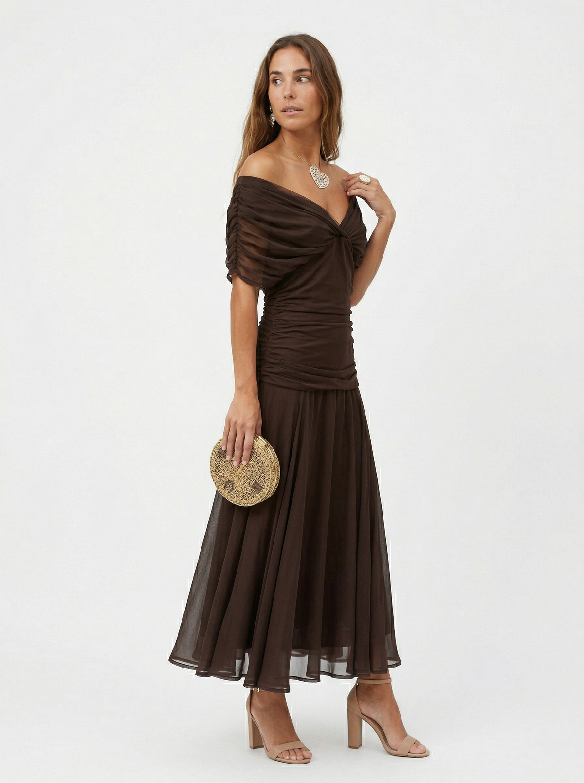 Floral Chiffon Off Shoulder Ruched Wedding Guest Dress