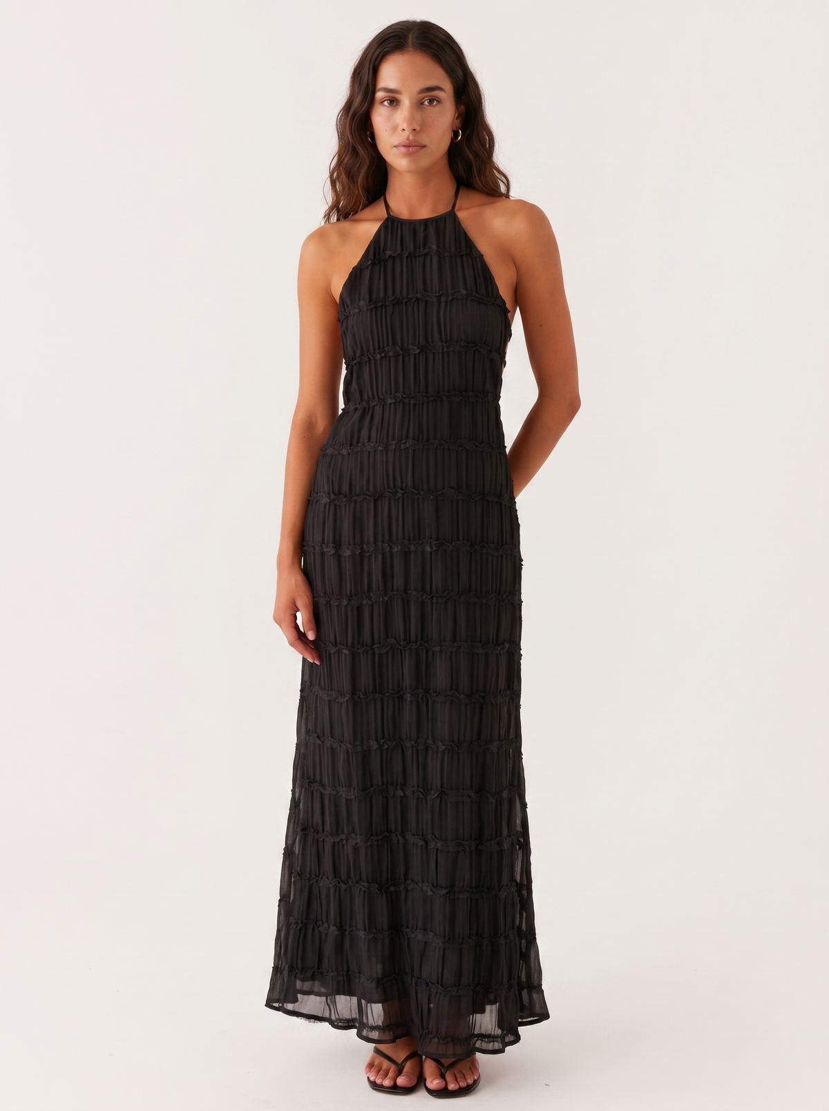 Textured Crinkle Halter Neck Sleeveless Maxi Dress