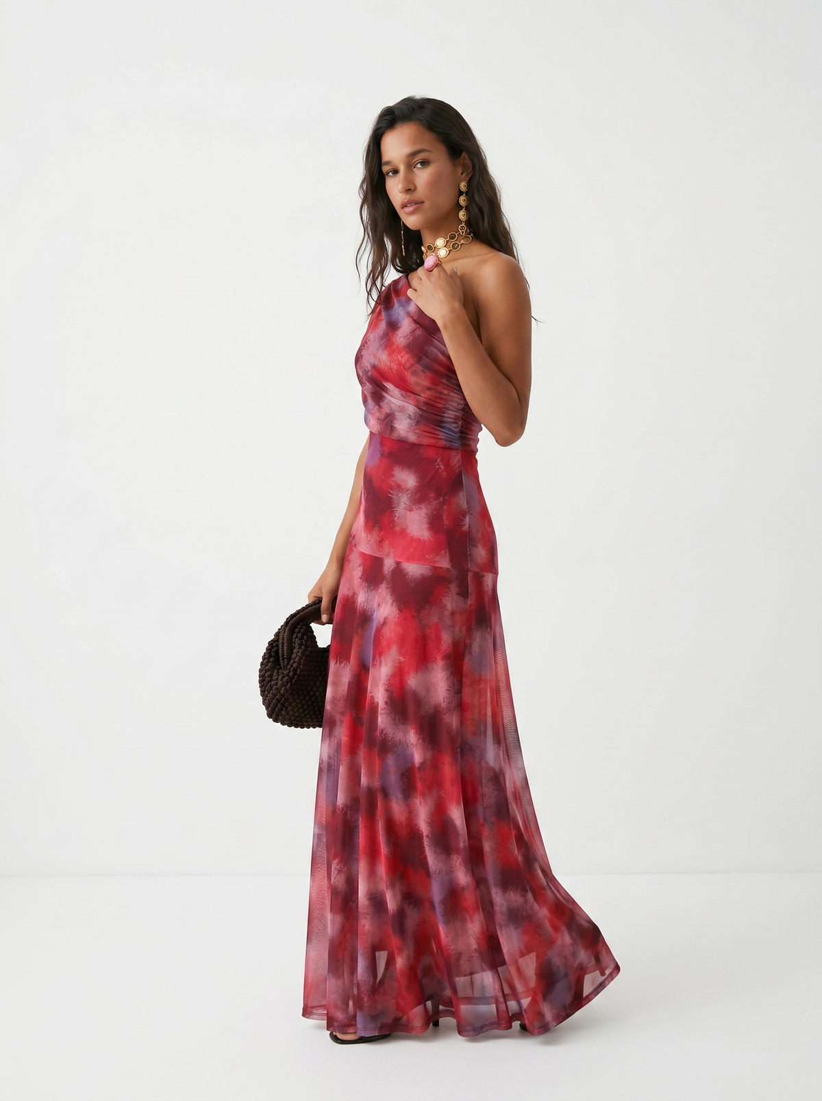 Abstract Print Chiffon One Shoulder Ruched Maxi Gown