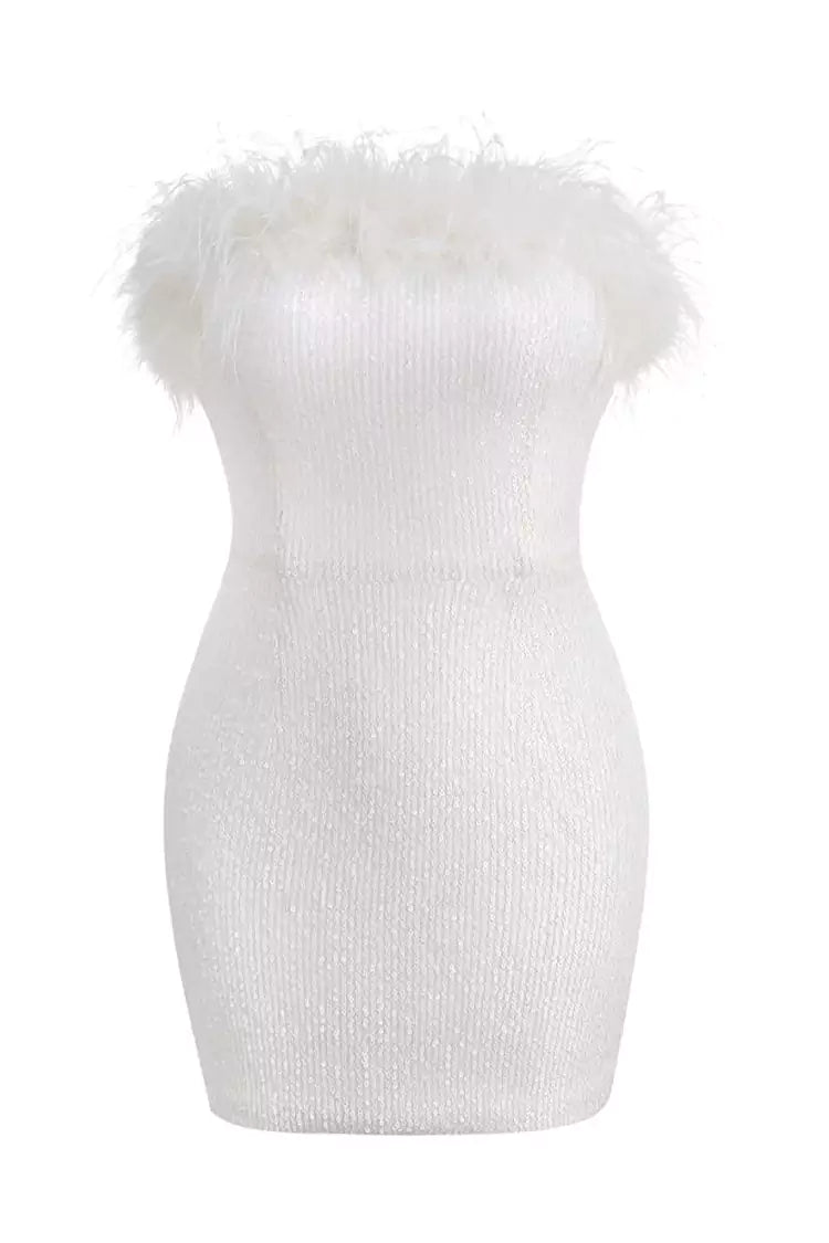 Strapless Feather Trim Sequin Bodycon Mini Dress 7