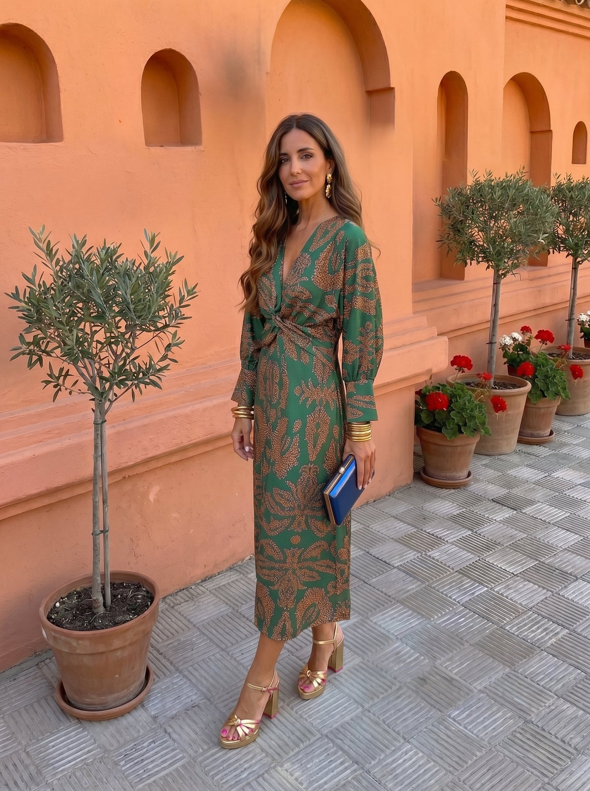 Botanical Print Deep V-Neck Twist Front Long Sleeve Midi Dress