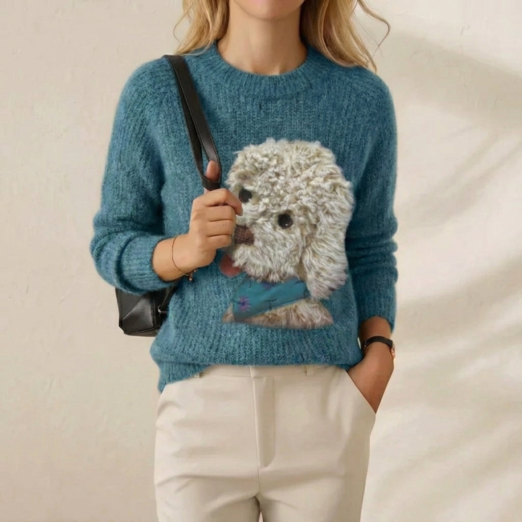 Dog Graphic Crew Neck Long Sleeve Knit Sweater