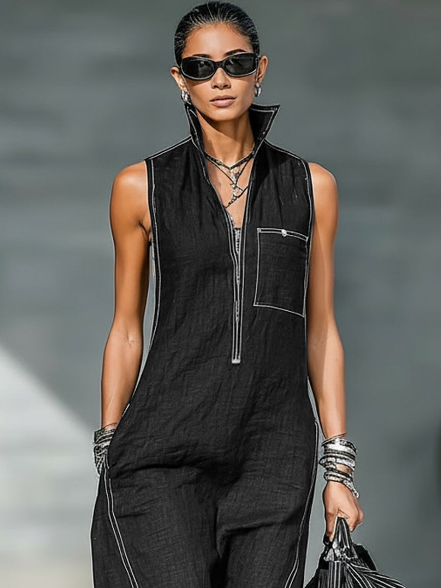 Sleeveless Stand Collar Half Zip Wide Leg Jumpsuit