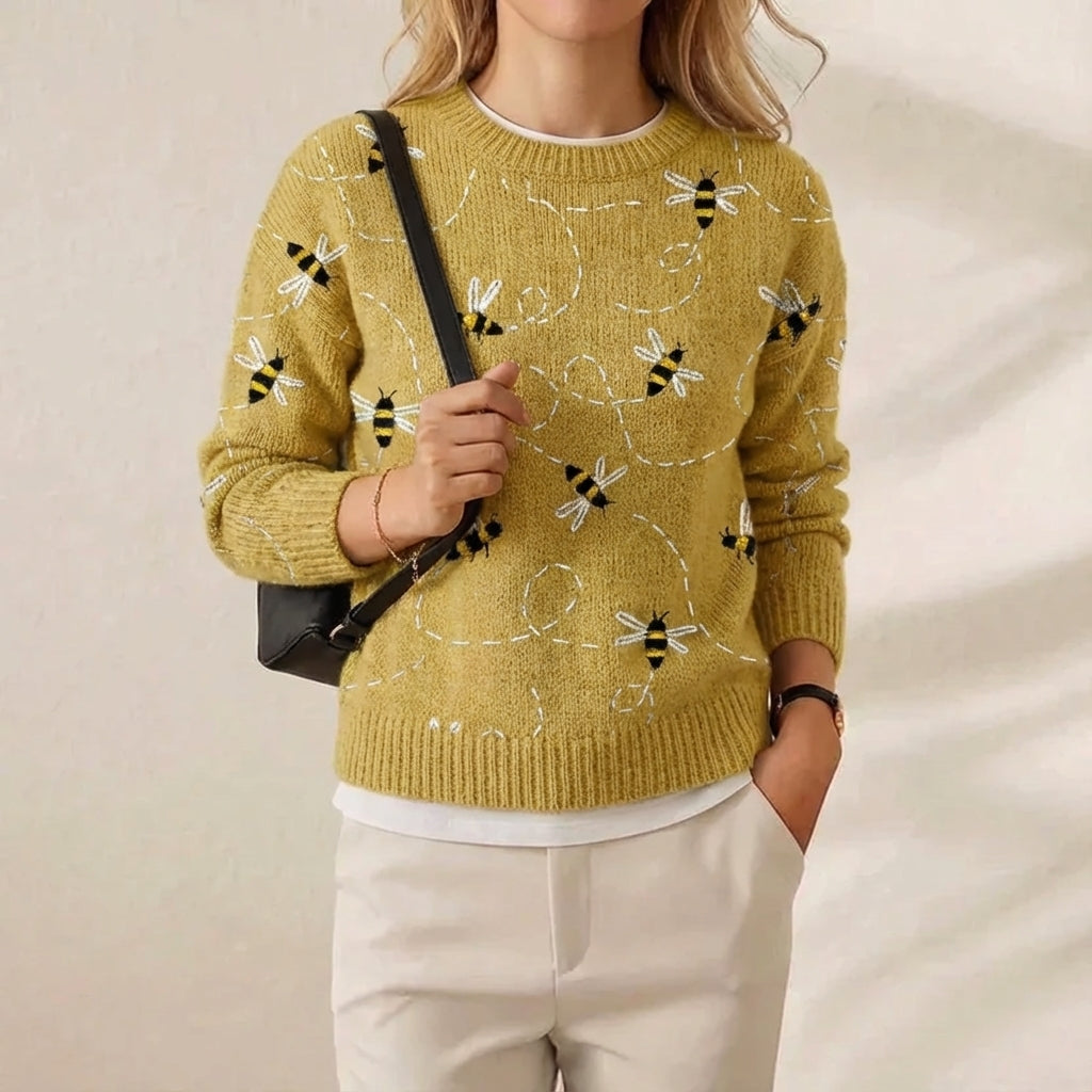 Bee Embroidered Crew Neck Long Sleeve Sweater