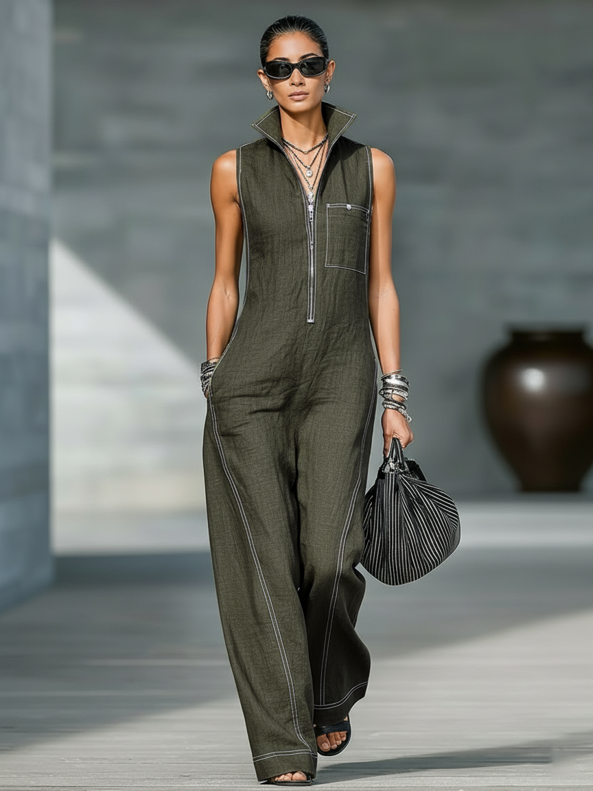 Sleeveless Stand Collar Half Zip Wide Leg Jumpsuit