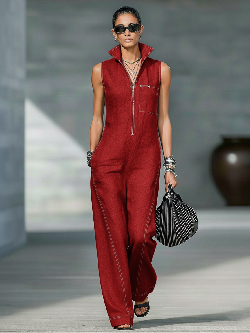Sleeveless Stand Collar Half Zip Wide Leg Jumpsuit