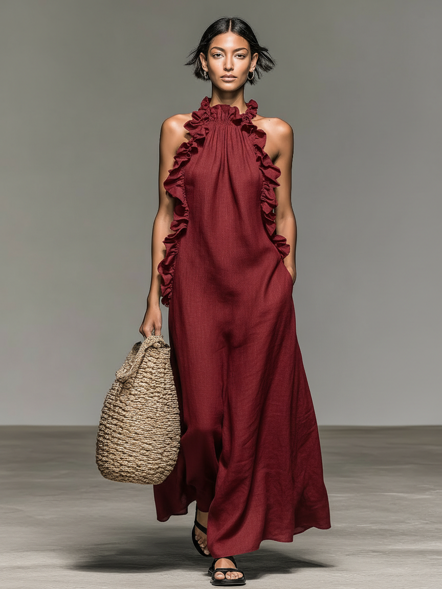 Halter Neck Ruffle Trim Sleeveless Maxi Dress