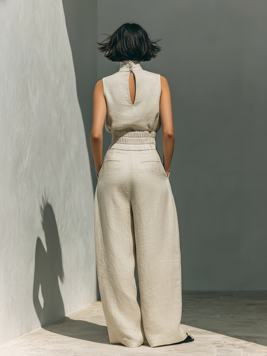 Sleeveless Turtleneck Top and Pleated Wide Leg Pants Two Piece Set