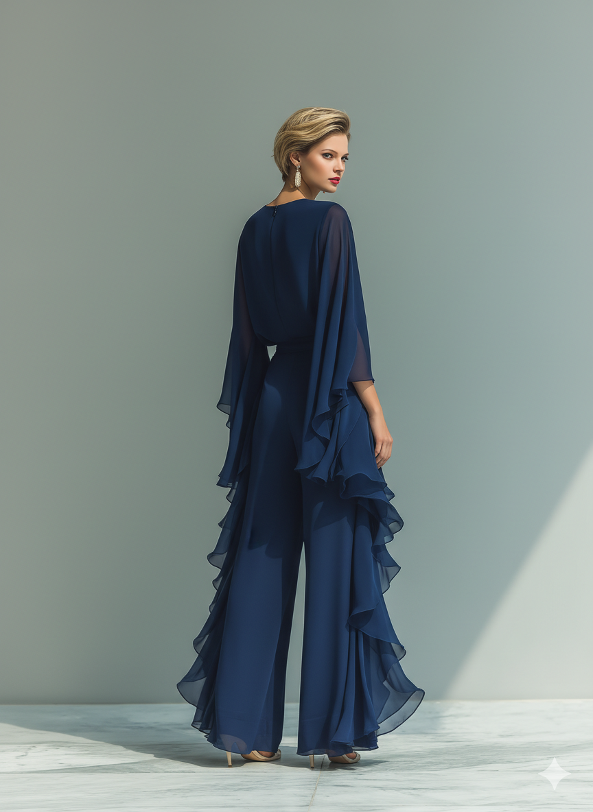 Round Neck Cape Sleeve Ruffle Chiffon Maxi Dress 6