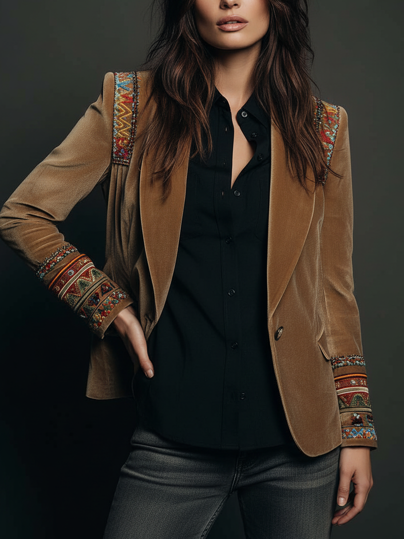 Embroidered Trim Velvet Look Single Button Blazer