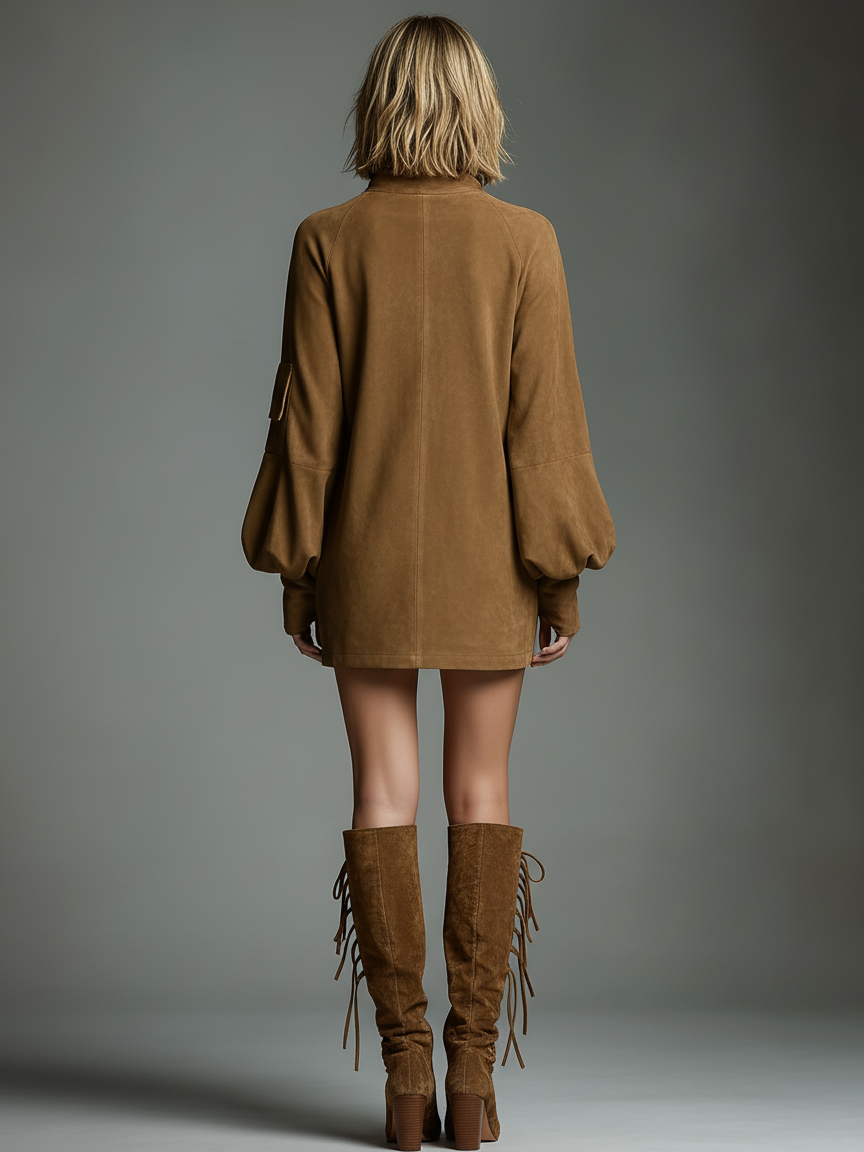 Faux Suede High Neck Long Sleeve Mini Dress 6