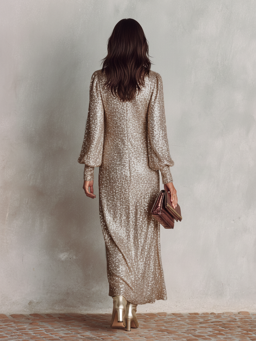 Sequin Deep V-Neck Long Sleeve Maxi Dress 6