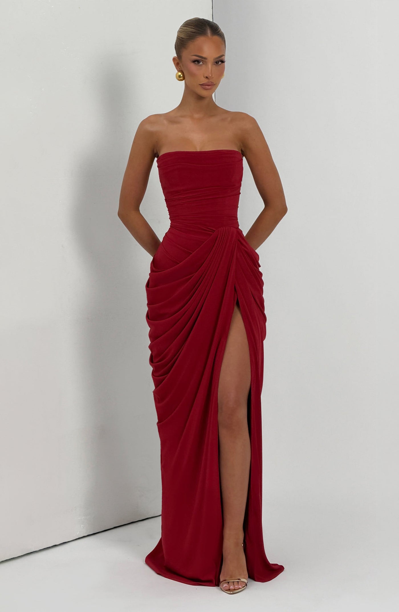 Strapless Ruched Draped High Split Maxi Gown 9