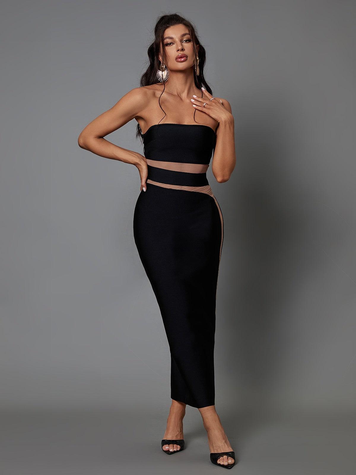 Bandage Strapless Mesh Insert Bodycon Midi Dress
